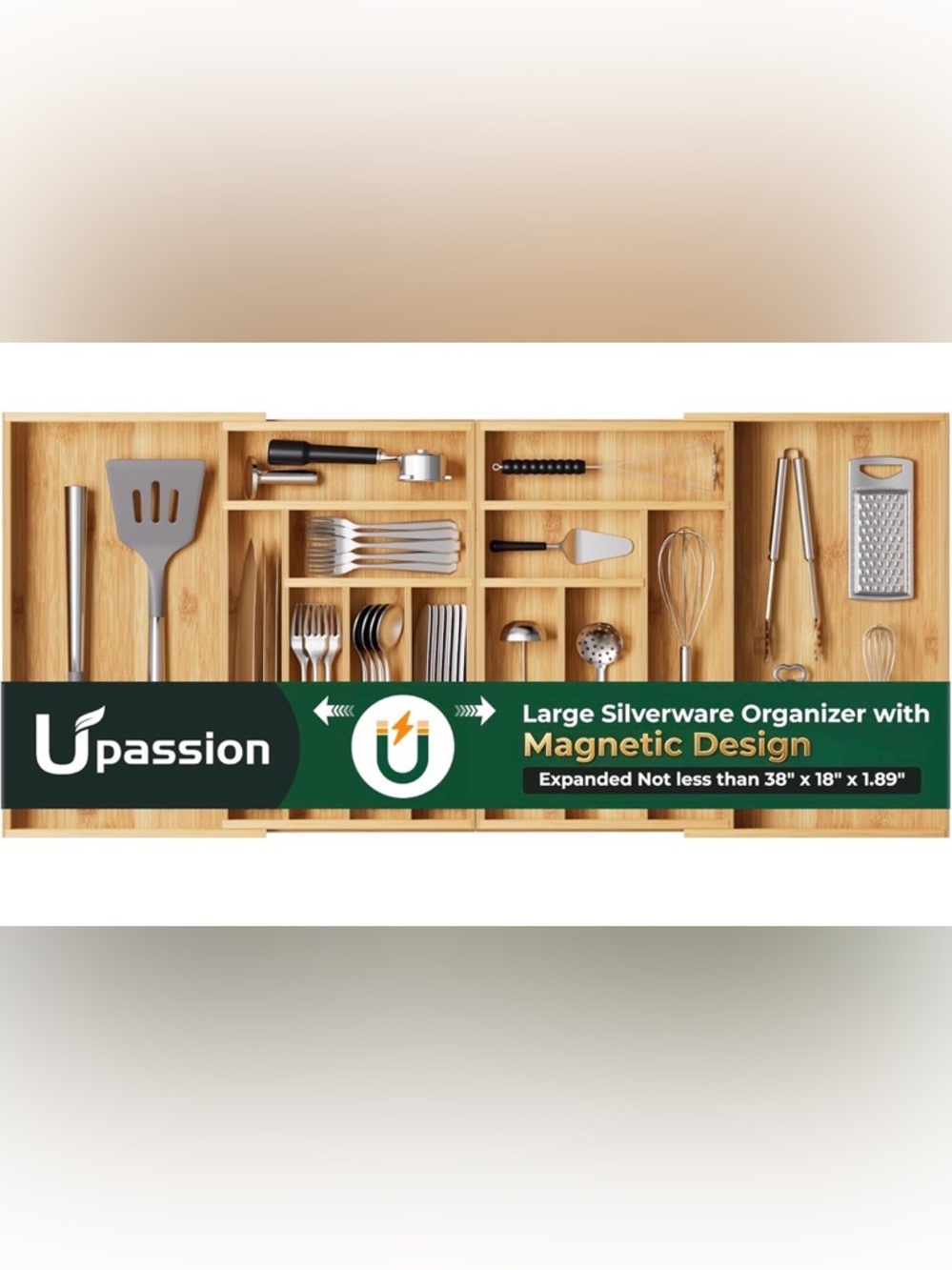 NWT Upassion Brand Bamboo Utensil Drawer Organizer Bamboo Magnetic Expandable